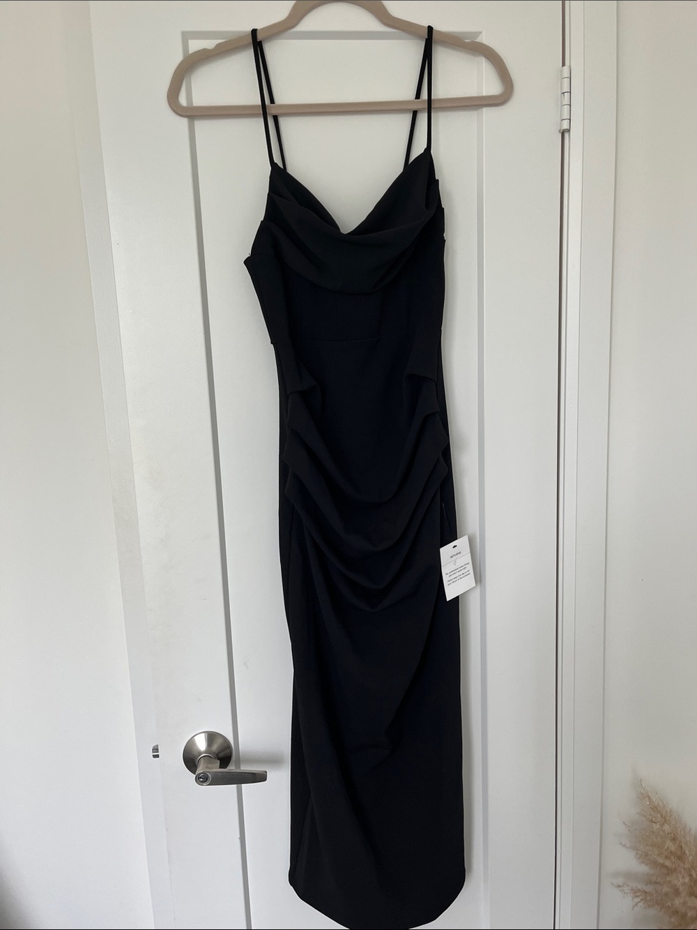 Elegant Black Cowl Neck Midi Dress with Spaghetti Straps